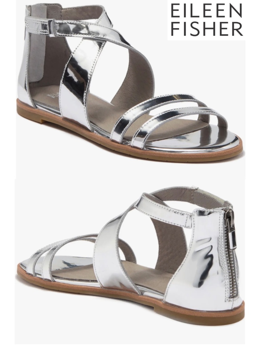 EILEEN FISHER NWT CICI FLAT SILVER MIRROR METALLIC LEATHER SANDAL. SIZE 7.5M